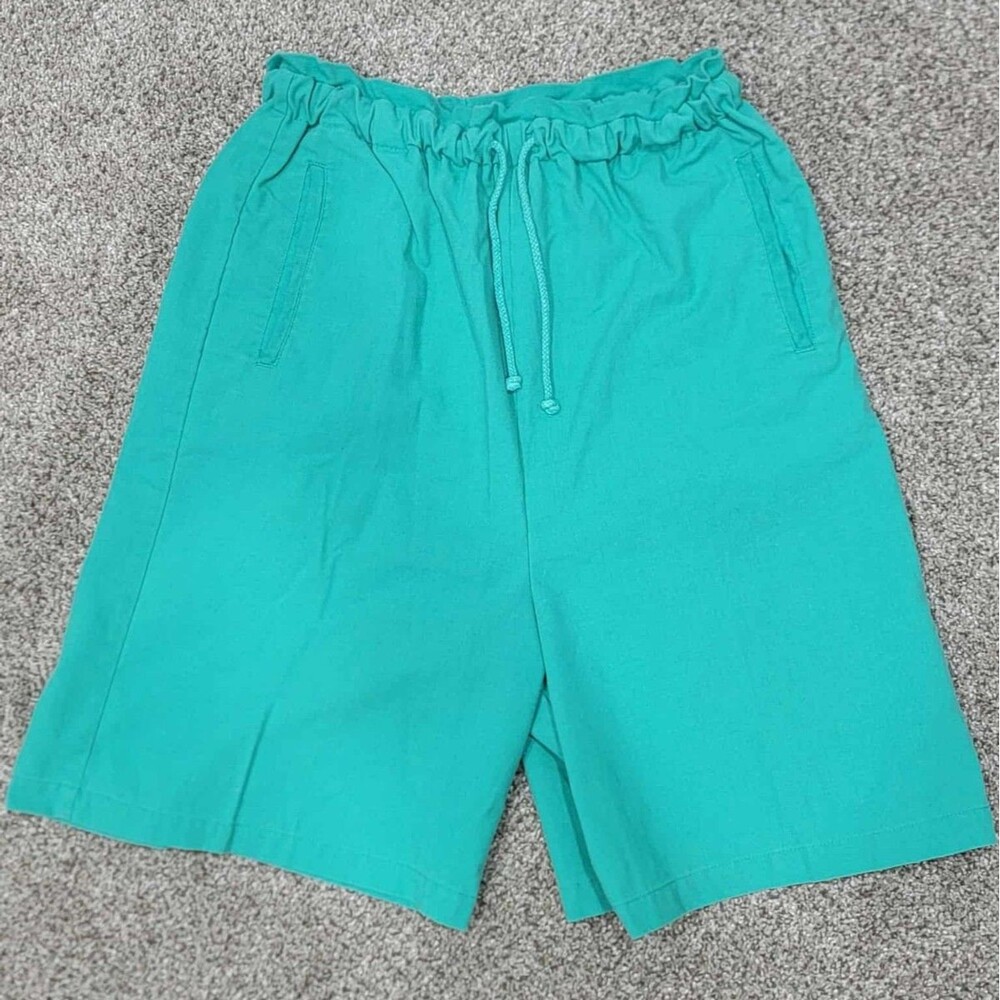 Vintage 90s Blue Cabana Shorts Womens M - Teal with pockets - Drawstring waist